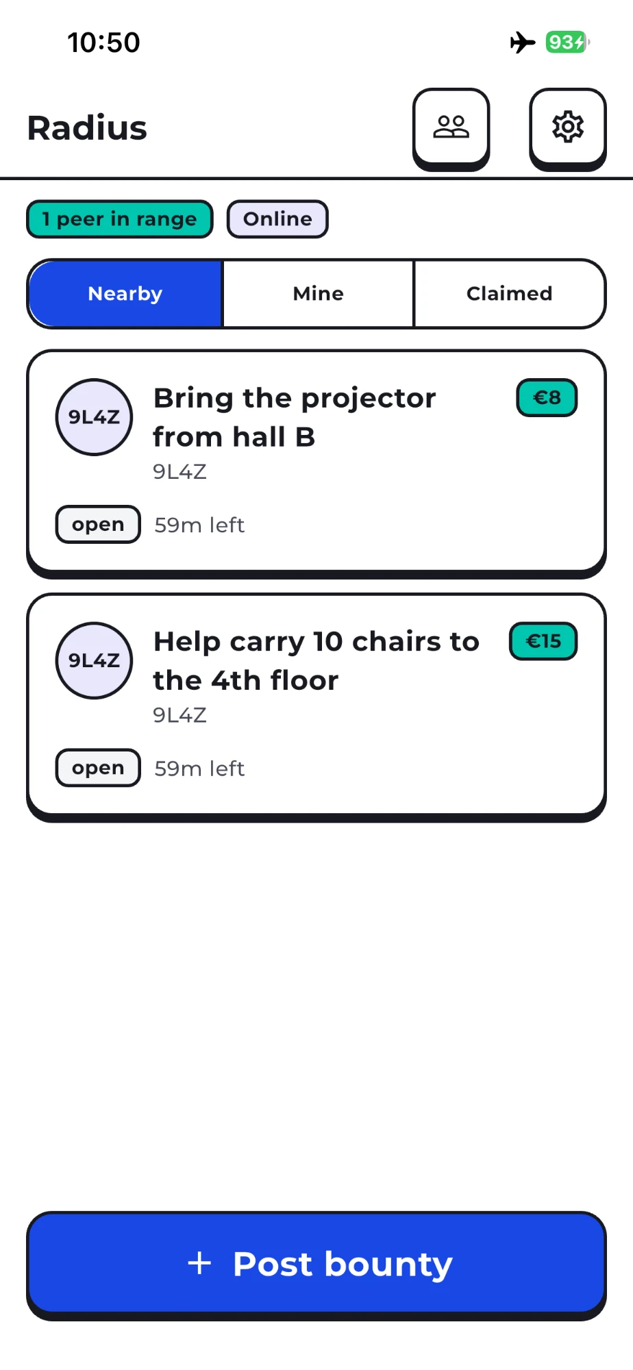The Radius feed showing nearby bounties